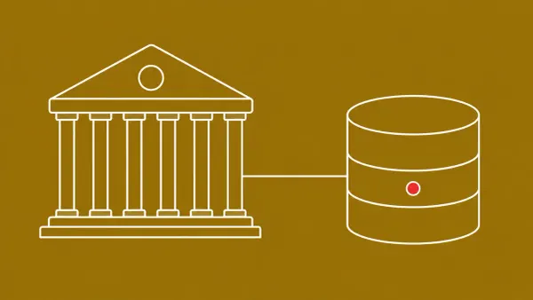 Flat white line-art of a government building beside a tall database drum — a DHS database breach reported in a weekly security roundup.