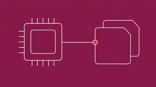 Flat white line-art of a kernel chip square beside two overlapping packet forms, on a Mulberry background — DirtyClone Linux kernel disclosure.