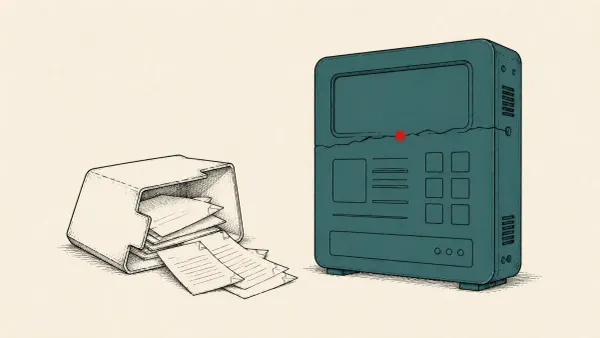 Editorial illustration of a spilling records folder beside a cracked enterprise-software panel, marking Estée Lauder Oracle E-Business Suite zero-day breach.