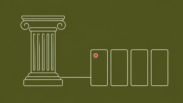 Flat white line-art of a courthouse column beside four record cards — European Commission NIS2 referral to the CJEU.