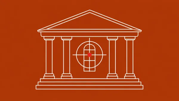 Flat white line-art of a large government-building facade with a single tracking crosshair over its central window — an EU spyware-inquiry MEP infected with