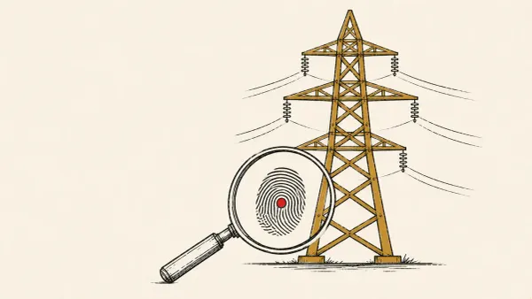Editorial illustration of a magnifying glass revealing a fingerprint on a power pylon, marking EU and UK attribution of Poland's grid attack to Russia's Turla.