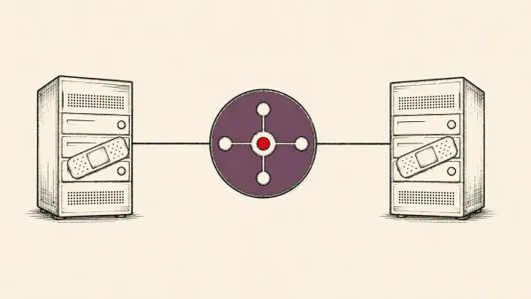 Editorial illustration of a load-balancer hub with two patched server modules, marking F5's fixes for multiple NGINX and BIG-IP vulnerabilities.