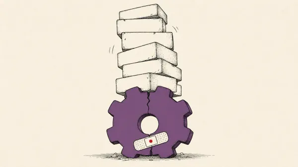 Editorial illustration of an NGINX worker gear cracking under an overloaded heap stack with a fresh patch, marking F5's critical CVE-2026-42533 fix.