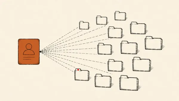 Editorial line-art of identical fake repository folders fanning out from a cloned developer profile — the FakeGit campaign delivering SmartLoader.