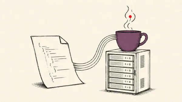 Flat white line-art of a JSON document feeding a Java coffee cup on a server rack, on a deep-red background — the Fastjson 1.x CVE-2026-16723 flaw.