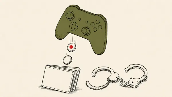 Editorial illustration of a game controller tipping coins from a crypto wallet beside handcuffs, marking the FBI arrest over a Steam-game malware campaign.