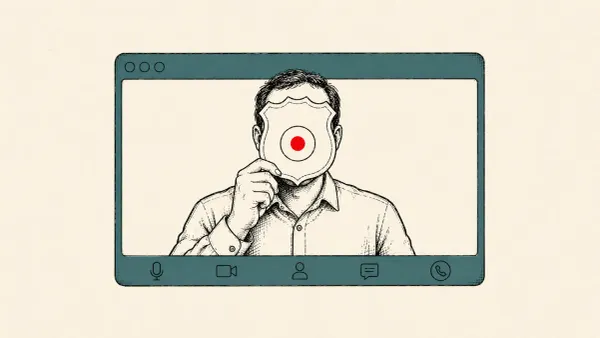 Flat line-art of a fake official video call beside a lookalike browser window — the FBI warning on deepfake videos impersonating IC3 leadership.