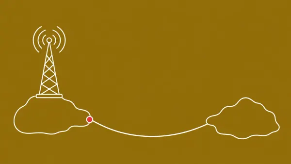 Flat white line-art of an undersea cable arcing between two landmasses beside an emergency alert tower, on an Antique Gold background — FCC cyber rules.