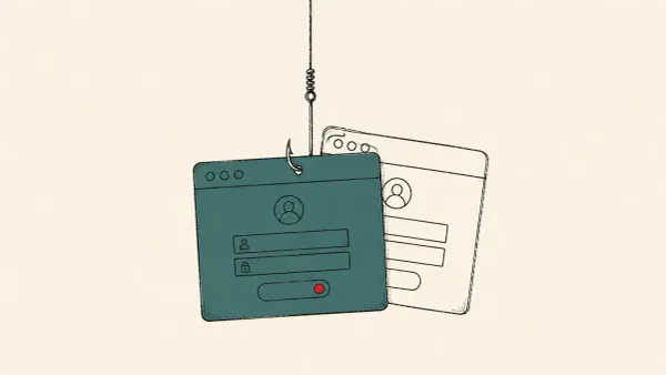 Editorial illustration of a browser login window on a fishing hook with a faint duplicate, representing Forg365 phishing-as-a-service targeting Microsoft 365.