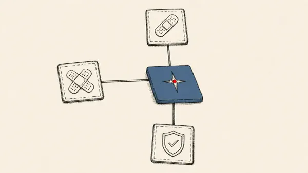 Editorial illustration of three patch tiles converging on an AI-platform panel, marking the Fortinet, Ivanti and ServiceNow cycle and a critical ServiceNow AI RCE.