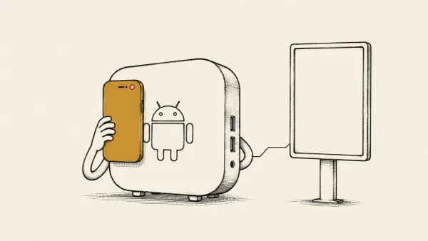 Flat white line-art of an Android TV box disguised as a phone clicking an ad, the payout looping to a company, on a saturated background with one red dot.