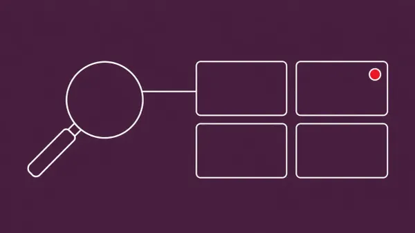 Flat white line-art of a magnifying glass scanning a grid of organization cards — GitHub organization mapping reconnaissance campaign.