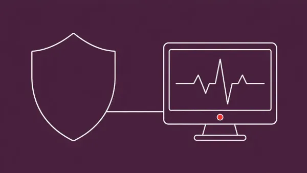 Flat white line-art of a shield beside a monitoring screen — Microsoft research on the GigaWiper espionage-and-destructive malware family.