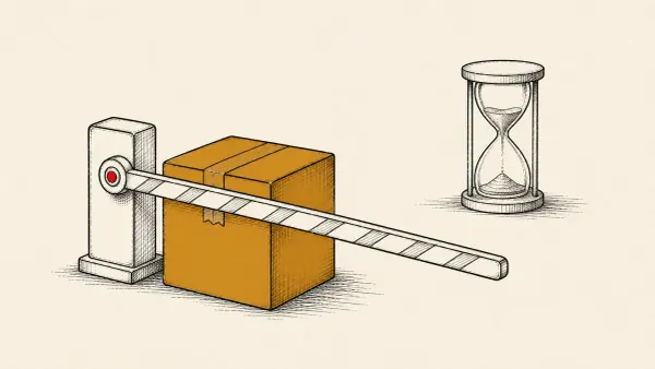 Flat white line-art of a package box paused before a calendar gate and an hourglass, on a teal background — GitHub and PyPI supply-chain timing rules.