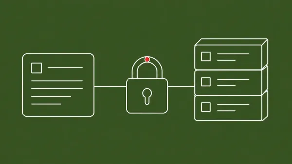 Flat white line-art of an issue card linked to a padlock guarding a stack of repository panels — the "GitLost" GitHub disclosure.