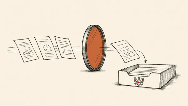 Editorial illustration of report papers passing through an AI lens into an eagle-marked tray, detailing the White House Gold Eagle vulnerability clearinghouse.