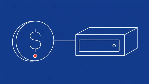Flat white line-art of a large coin linked to a nested server box by one line — Google's $250,000 Linux KVM guest-to-host escape bounty.
