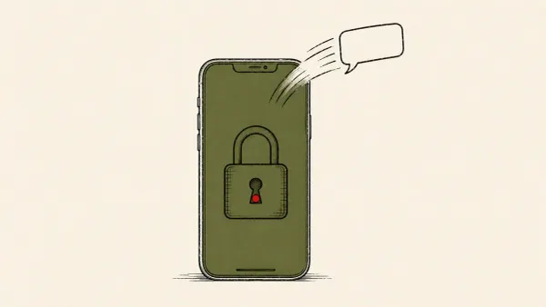 Editorial illustration of a phone lock screen with a gesture sending an SMS past the PIN, marking Google's patch for the Android Gemini lock-screen bug.