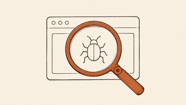 Flat white line-art of a magnifying glass over a browser window holding a bug, on an emerald background — Chrome 151's AI-assisted patch release.