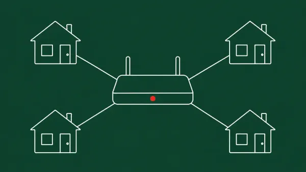 Flat white line-art of a large router node linked to a scattered ring of small home-shaped icons — Google Threat Intelligence Group residential-proxy