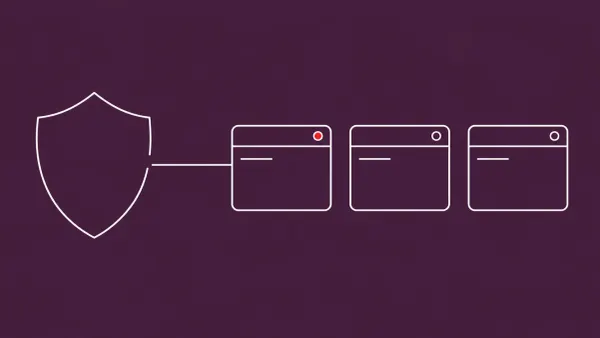 Flat white line-art of a shield with a broken section beside a row of terminal-window panels — GuardFall shell injection research affecting open-source AI