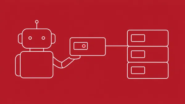 Flat white line-art of a robot assistant handing over a labeled package card — researchers disclose the HalluSquatting AI coding-assistant technique.