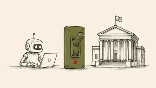 Flat white line-art of a robot at an open terminal beside a government building, on a teal background — Hermes AI agent in the Thai Finance Ministry case.