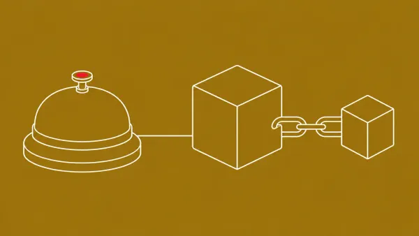 Flat white line-art of a hotel reception bell linked to a chained ledger block — hospitality-sector blockchain-abuse phishing.