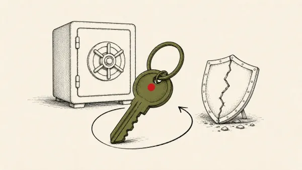 Editorial illustration of a key ring being rotated beside an AI vault as shields fail, marking Hugging Face's token-rotation guidance after the autonomous-agent breach.