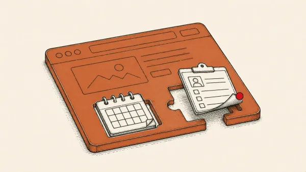 Editorial illustration of a web page with calendar and form add-on pieces, one lifting out, marking iCagenda and Balbooa Forms Joomla zero-days.