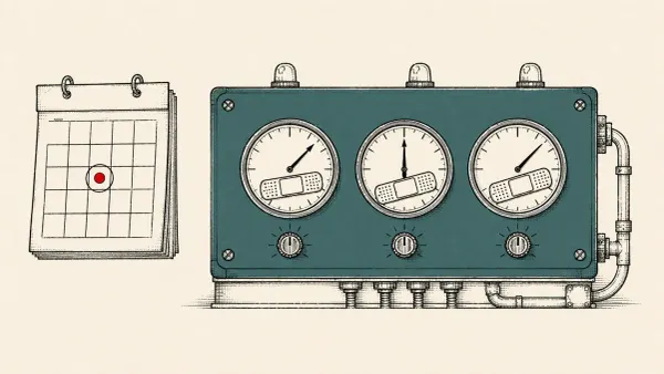 Editorial illustration of a patched industrial control panel beside a calendar, marking ICS Patch Tuesday advisories from Siemens, Schneider and Rockwell.
