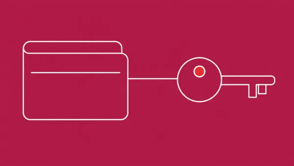 Flat white line-art of a wallet outline linked to a simple key — Coinspect Ill Bloom crypto-wallet recovery-phrase flaw.