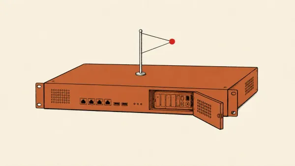 Editorial illustration of a banner planted on a breached gateway appliance, marking attribution of SonicWall SMA zero-day exploitation to INC Ransomware.