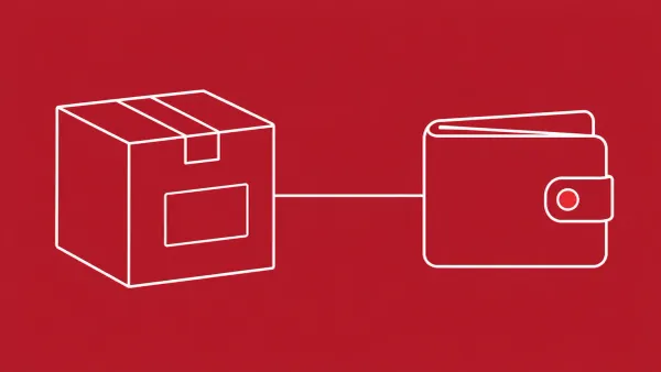 Flat white line-art of a code package box linked by a single line to a wallet outline — Injective Labs npm SDK compromise.