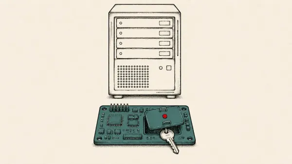 Flat white line-art of a server management chip sitting beneath a stacked server, one door left ajar, on a deep-teal background — internet-exposed BMC IPMI hash disclosure.
