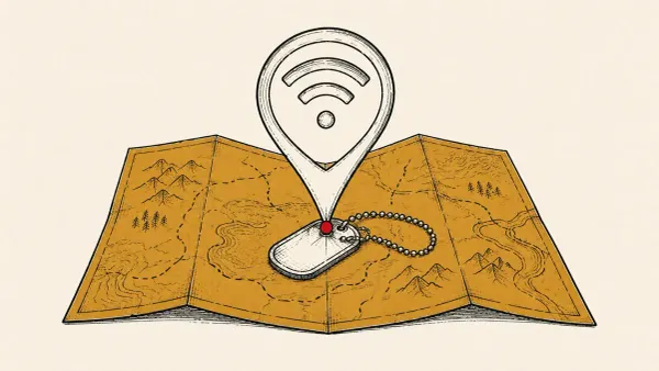 Editorial illustration of a map pin formed from a signal wave over a military dog-tag, marking reported Iranian mobile-network tracking of US forces.