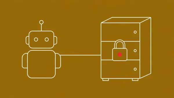 Flat white line-art of a robot-agent figure linked to a locked server rack — Sysdig JadePuffer agentic-AI ransomware research.