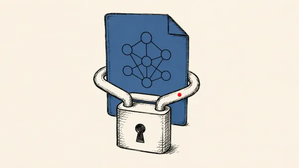 Editorial illustration of a padlock clamping over an AI model-weights file, marking JadePuffer's ENCFORGE ransomware purpose-built to wipe AI model files.