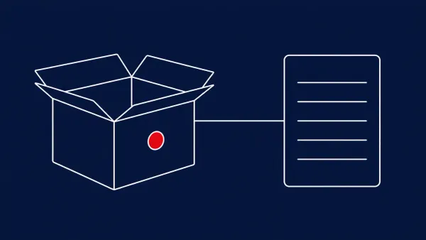 Flat white line-art of an open package box linked to a document card — jscrambler 8.14.0 npm release compromise.