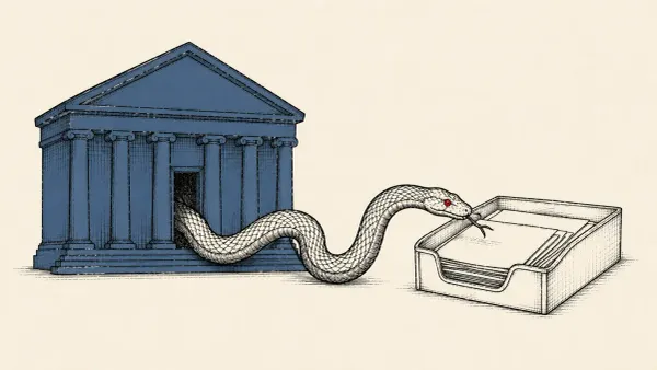 Editorial illustration of a coiled serpent slipping into a government building's document tray, marking Kaspersky's GoSerpent espionage malware in Southeast Asia.