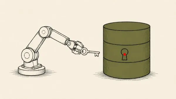 Flat white line-art of a robot arm and a large database cylinder joined by a single key, on a deep-teal background — Kimi K3 agents and Redis zero-days.