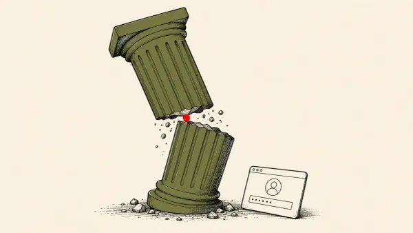 Flat white line-art of a toppled classical column beside a browser sign-in window, on a deep teal background — the Kratos phishing-as-a-service takedown.