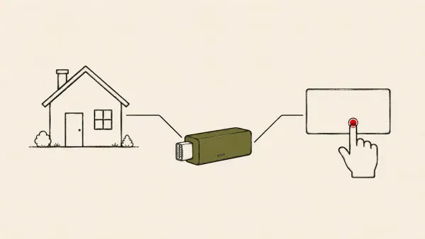 Flat white line-art of a TV streaming box splitting into two paths — one to a house, one to a phone clicking an ad — on a saturated background with one red dot.