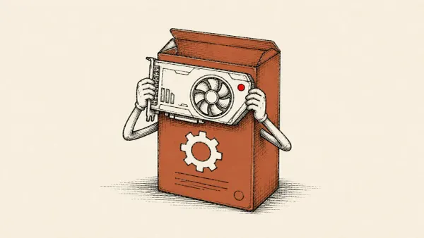Editorial illustration of a Windows driver box wearing a graphics-card mask, marking the Rust-based LabubaRAT posing as NVIDIA software.