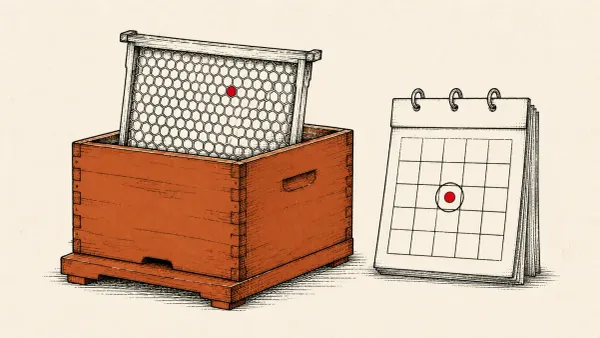 Editorial illustration of a weathered legacy beehive with a lifted honeycomb frame beside a calendar, marking the LegacyHive Windows zero-day PoC on Patch Tuesday.