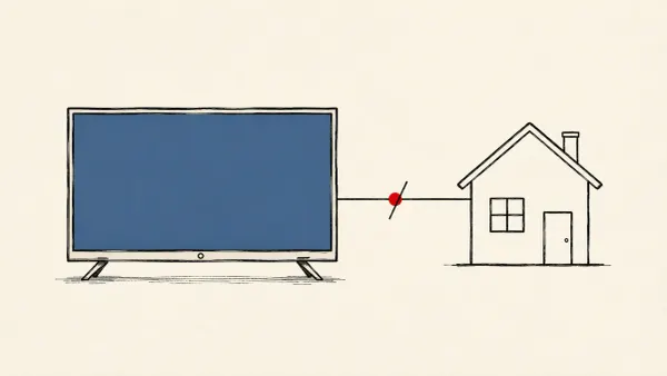Flat white line-art of a living-room smart TV linked by a single line to a small house, with one link crossed out, on a teal background — LG residential-proxy app ban.
