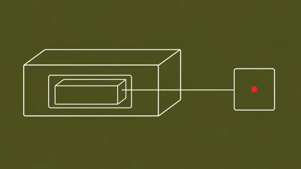 Flat white line-art of nested server boxes linked to an outer node by one line — 16-year-old Linux KVM guest-to-host escape.