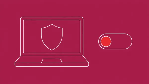 Flat white line-art of a laptop showing a shield on screen beside a large toggle switch, on a Raspberry background — macOS EDR and MDM standard-user disable research.