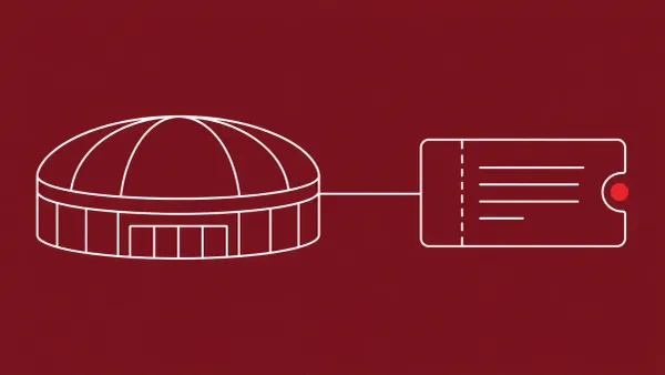 Flat white line-art of a large arena dome outline beside an open ticket form, on an Oxblood background — Madison Square Garden cyber incident disclosure.